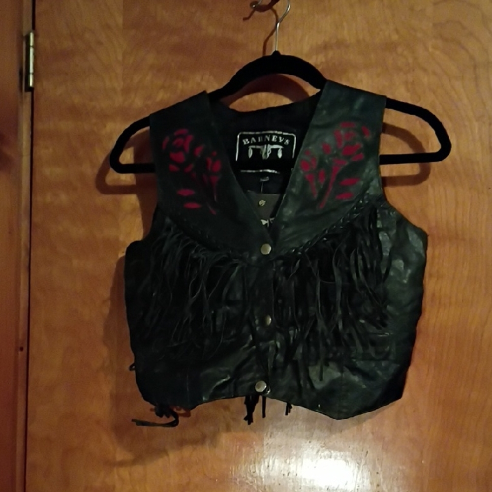 Barneys New York Black and Red Leather Crop Top